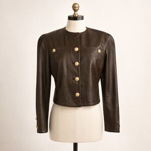 Carlisle 100% Leather Jacket Brown Cropped Gold Button Blazer Vintage Size 4